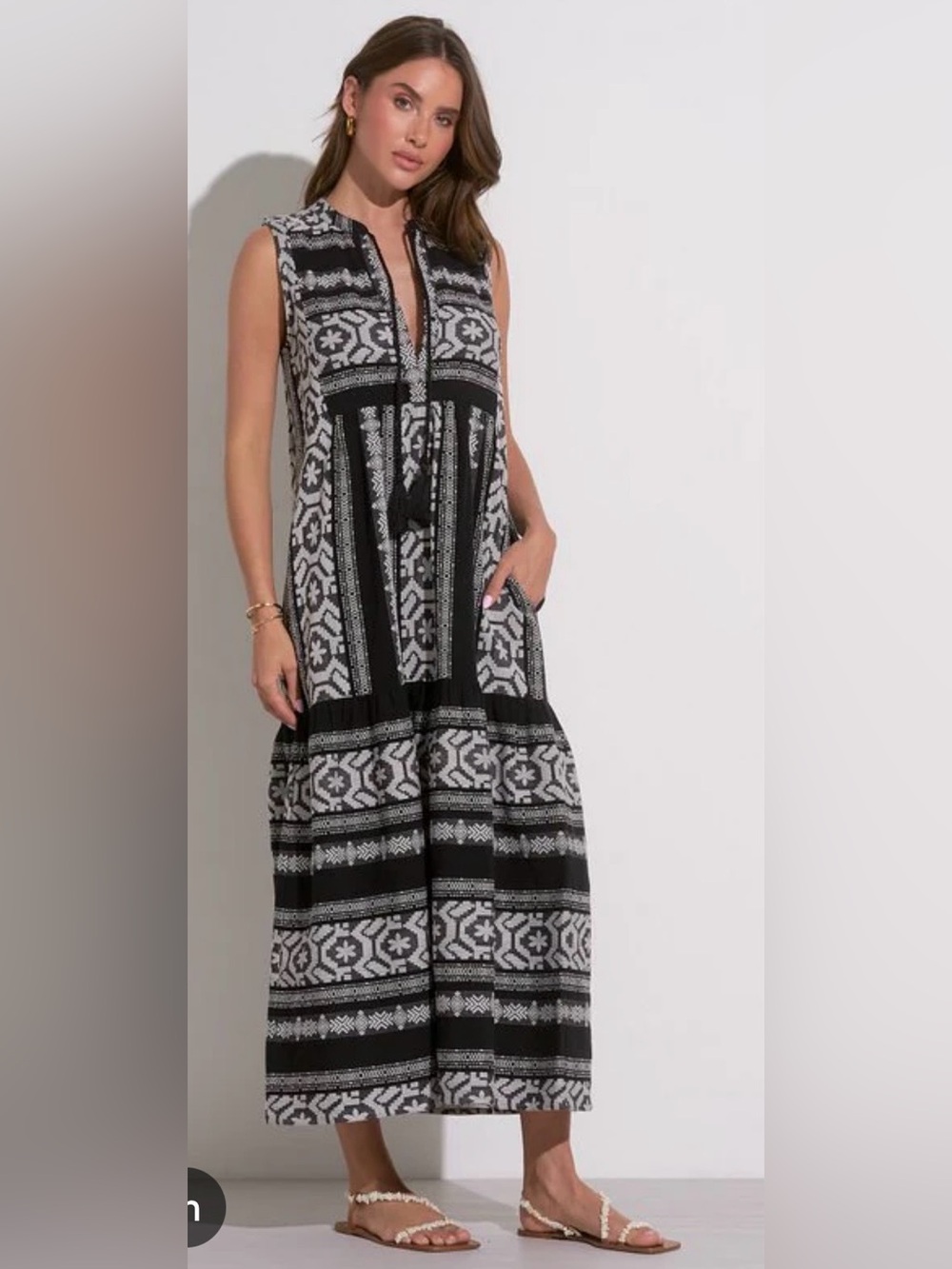 Elan Black White Cotton Aztec Tribal Boho Hippie Maxi Dress size L FestieCruise
